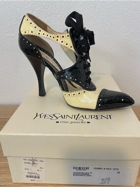 Vintage Yves Saint Laurent Lutecia 105 Vernice Patent Black and Ivory Heels